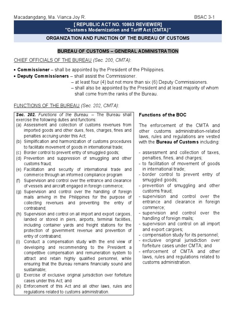 Functions of the Bureau of Customs | PDF | Government | Justice