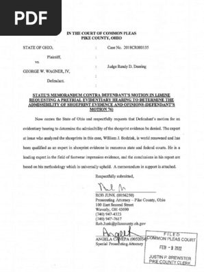 States Response to #GeorgeWagnerIV Motion for Hearing to Determine the Admissibility of Bloody Shoe Prints left at the Crime Scenes.