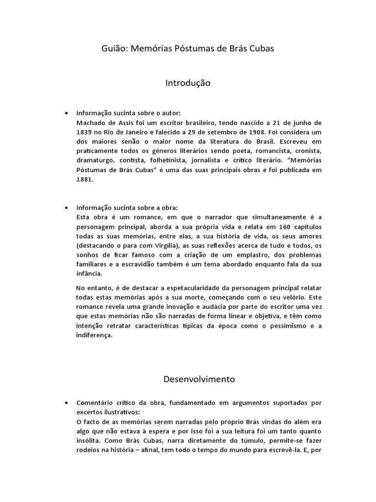 Guião Memórias Póstumas de Brás Cubas PDF