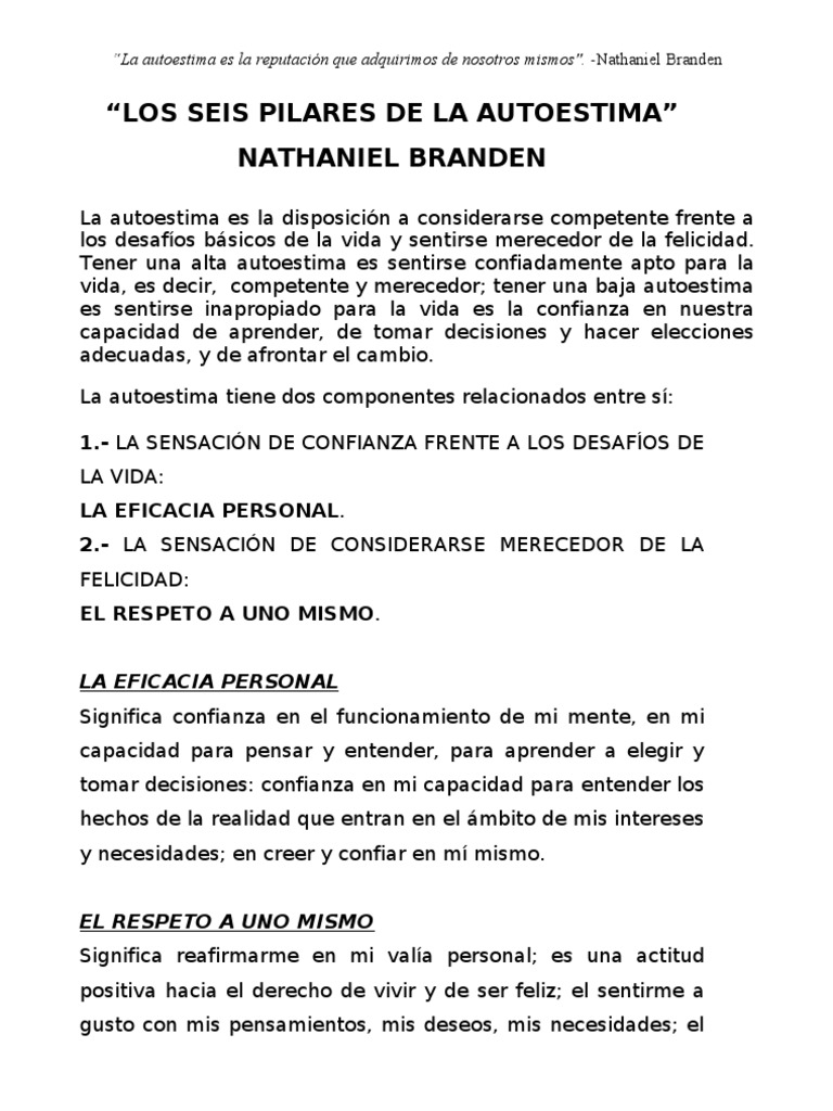 Los Seis Pilares de La Autoestima Por Nathaniel Branden | PDF ...