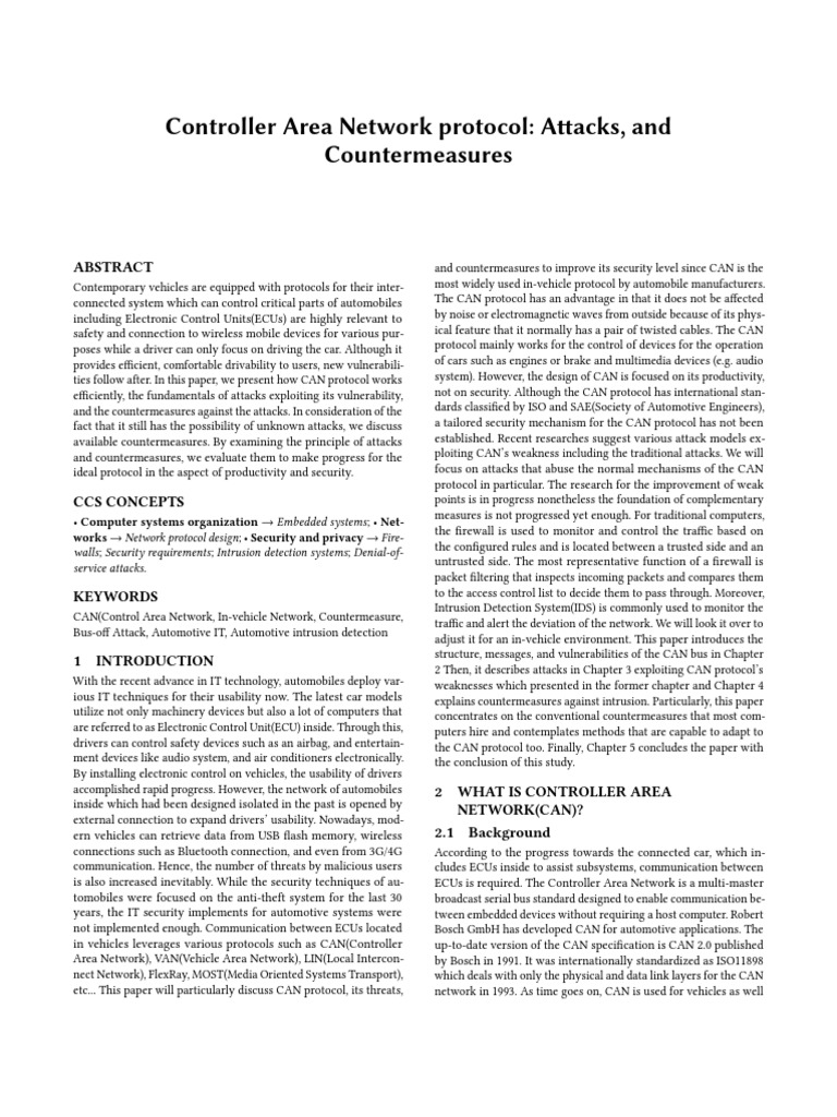 Controller Area Network Protocol: Attacks, and Countermeasures | PDF ...