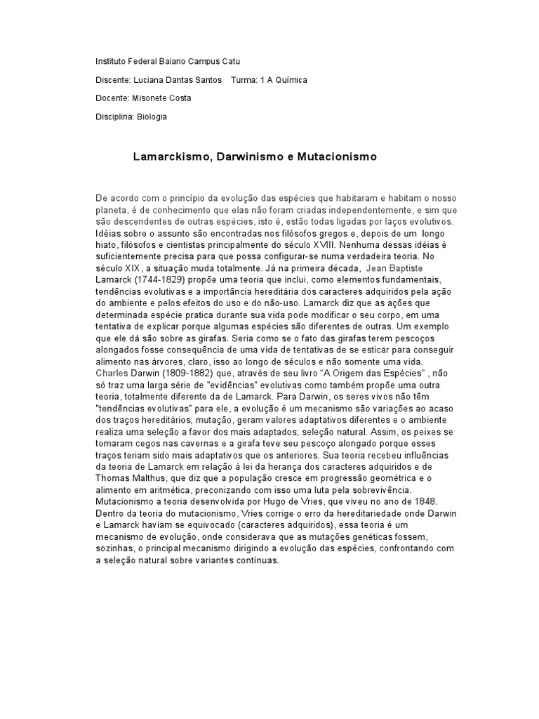 Instituto Federal Baiano Campus Catu PDF Evolução Seleção natural
