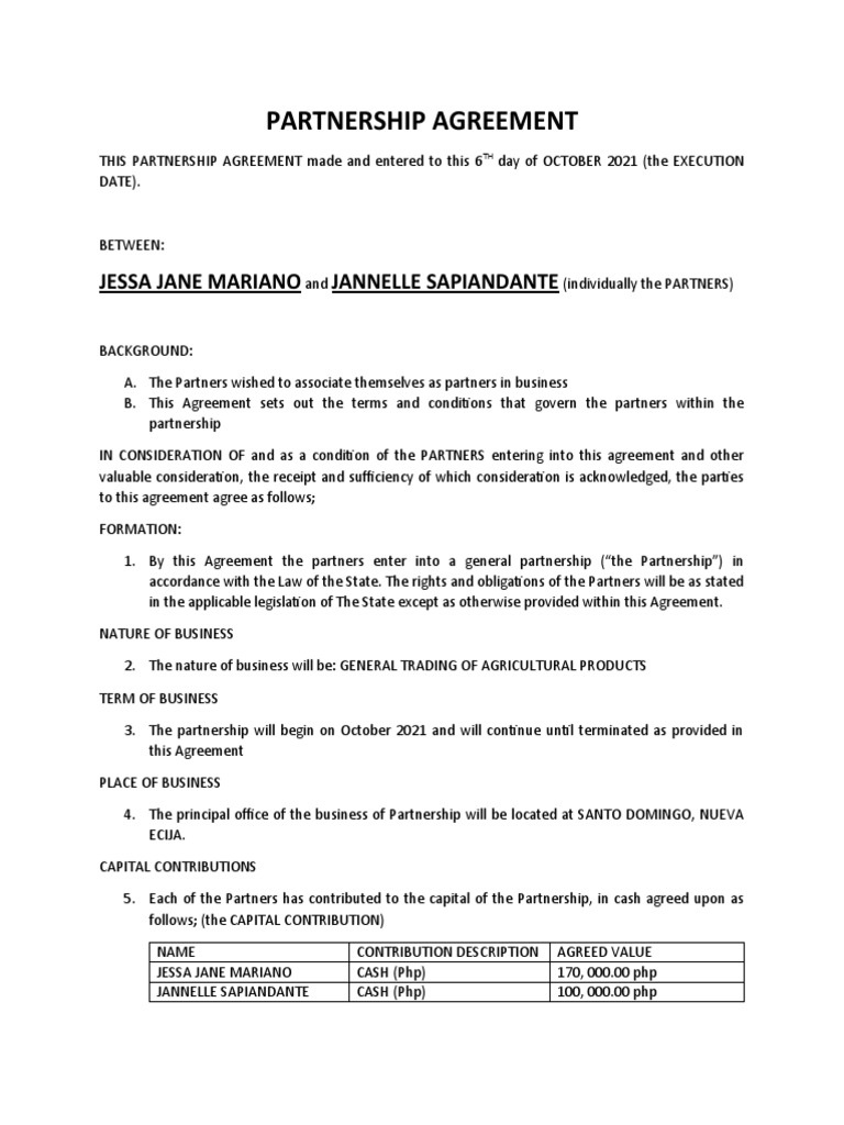 Partnership Agreement for Agricultural Trading | PDF | Partnership ...