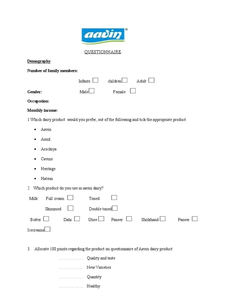 Aavin Questionnaire Dairy Dairy Products