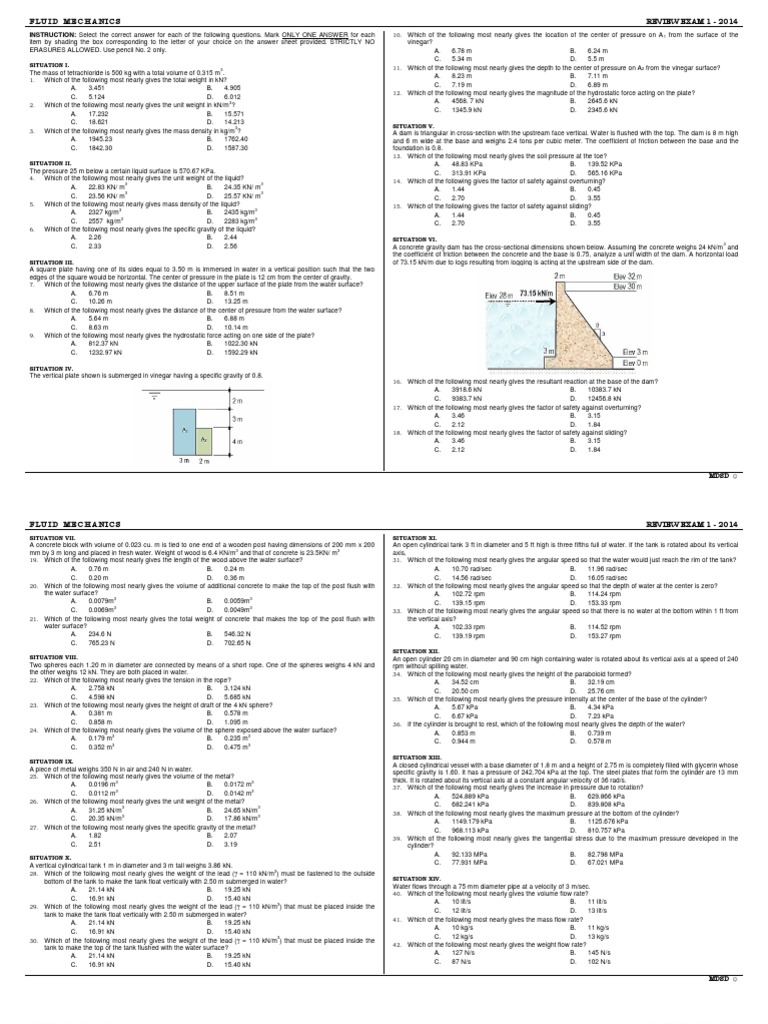 Fluid Mechanics Review Exam 1 - 2014 | PDF | Pressure | Building ...