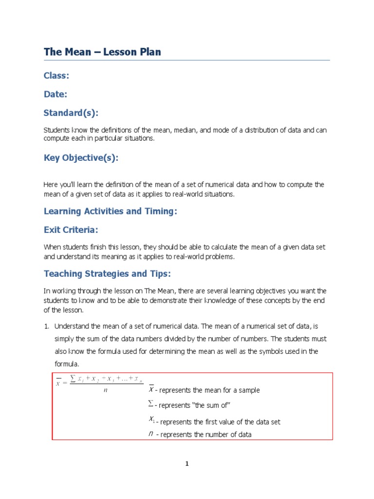 Mean Lesson Plan | PDF | Mean | Data
