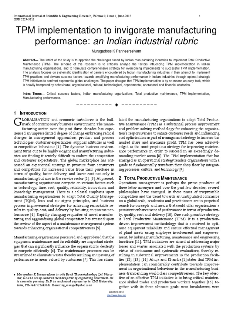 TPM Implementation To Invigorate Manufacturing Performance in Indian ...