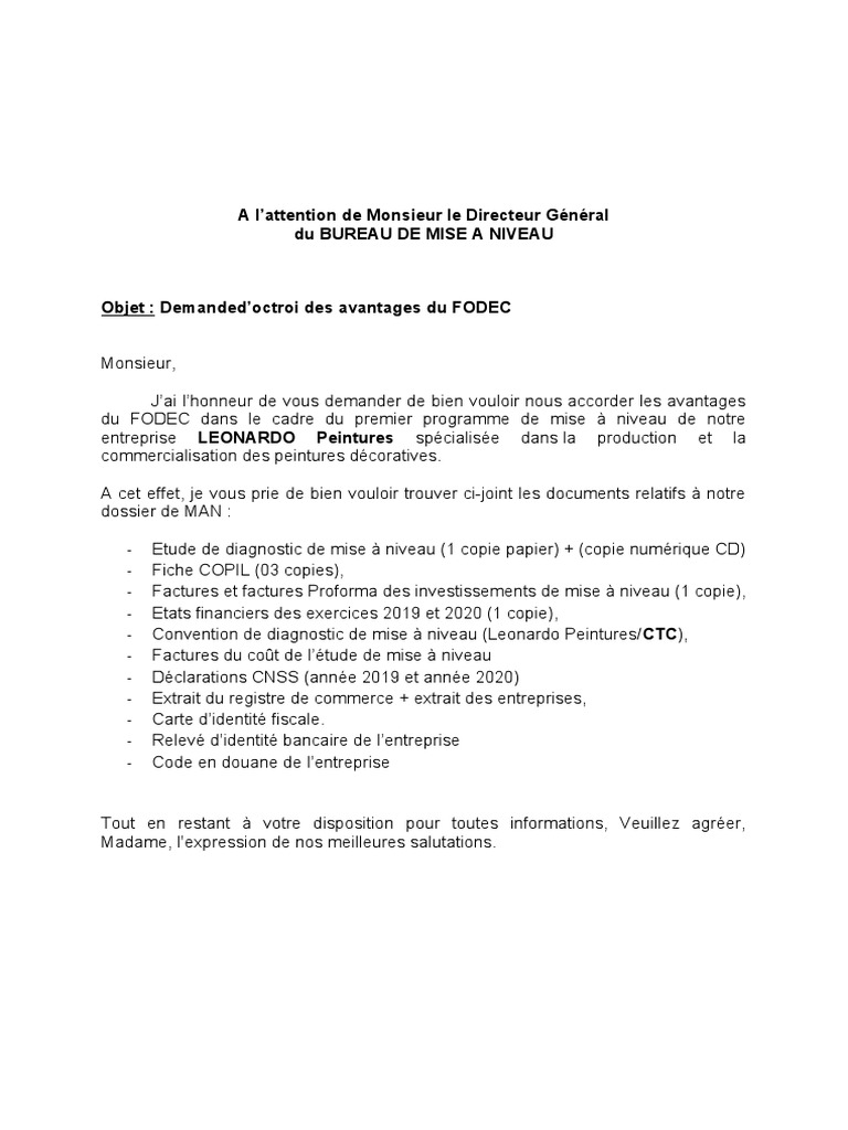 Demande D'octroi Des Avantages FODEC-Etude MAN | PDF