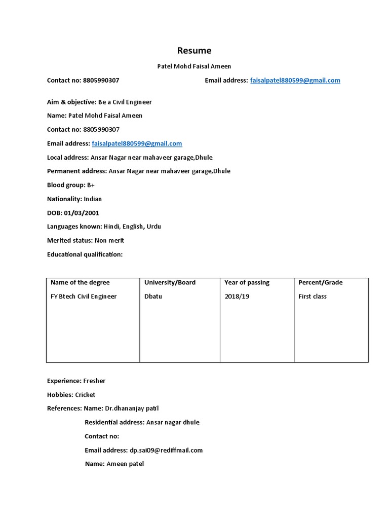 Resume of Patel Mohd Faisal Ameen | PDF