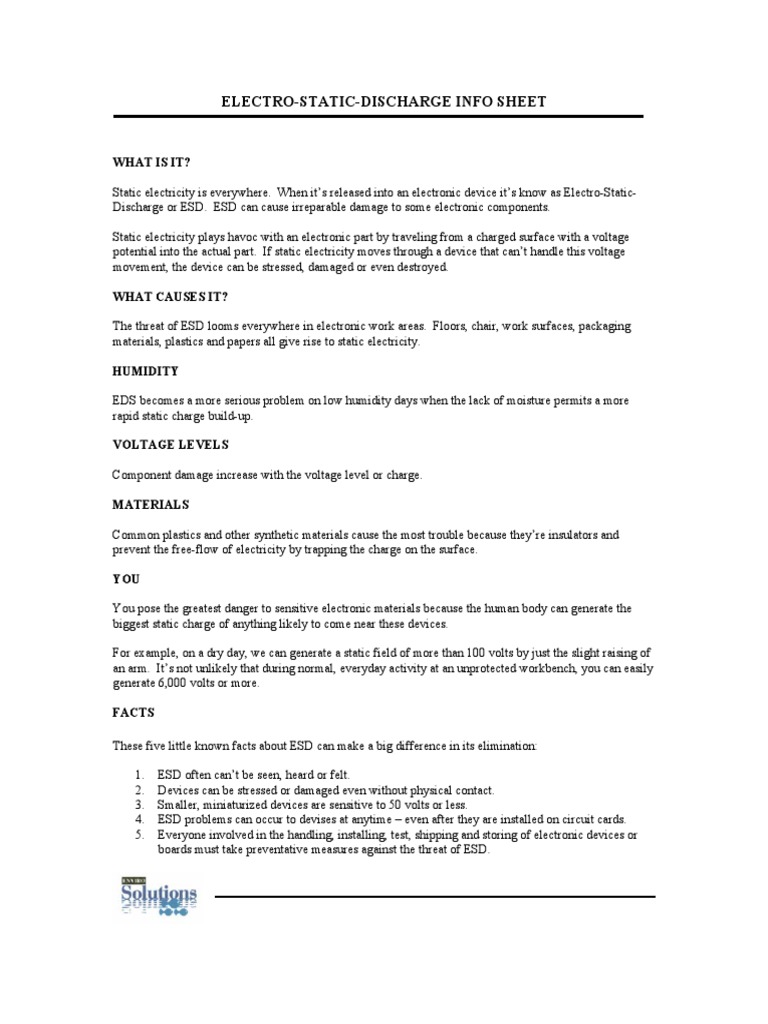 ElectroStaticDischarge Info Sheet What Is It? PDF Electrostatic