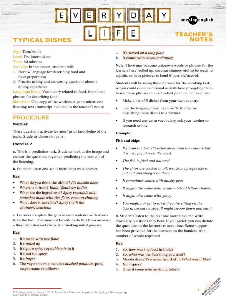Teacher'S Notes Typical Dishes: Procedure | PDF | Vocabulary | Chutney