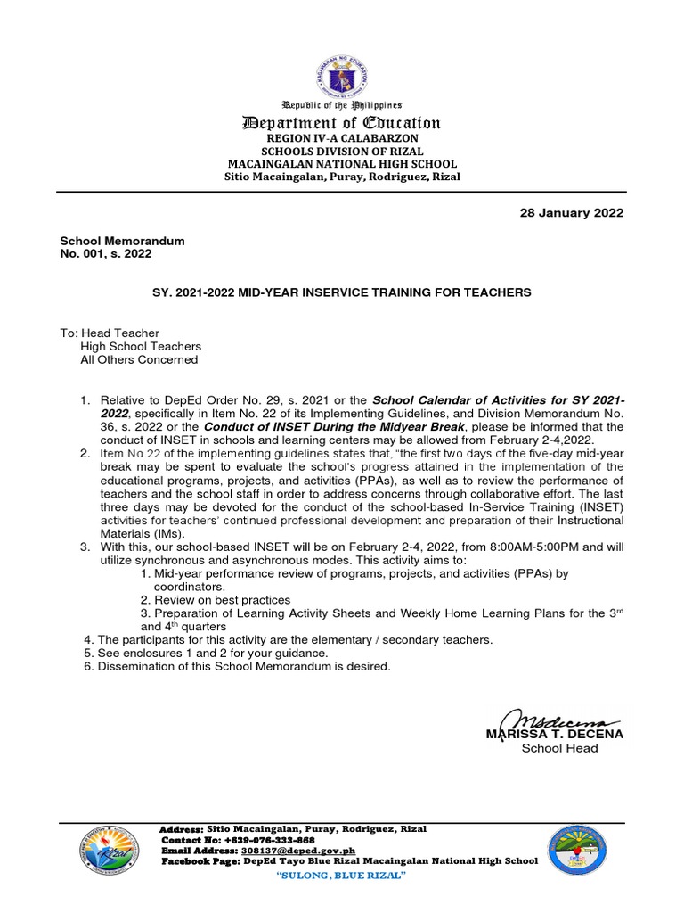 School Memo 001 INSET - Revised | PDF