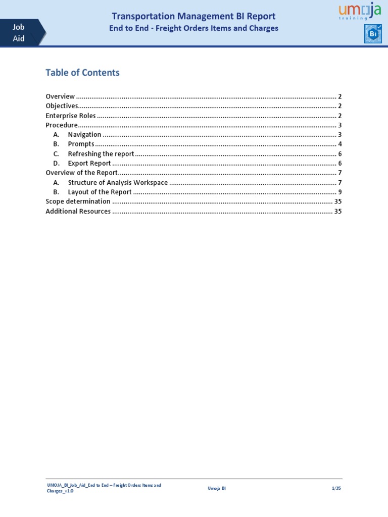 Umoja Bi Job Aid End To End Freight Orders Items and Charges v.1.0