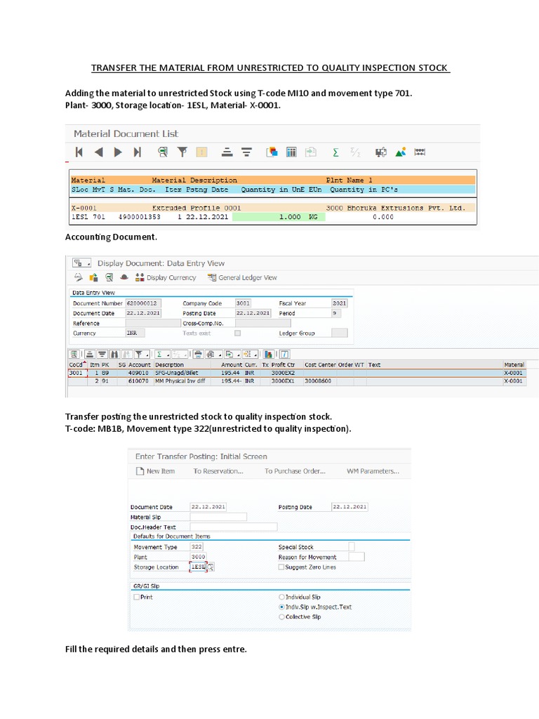 Transfer Unrestricted to Quality Stock in SAP | PDF