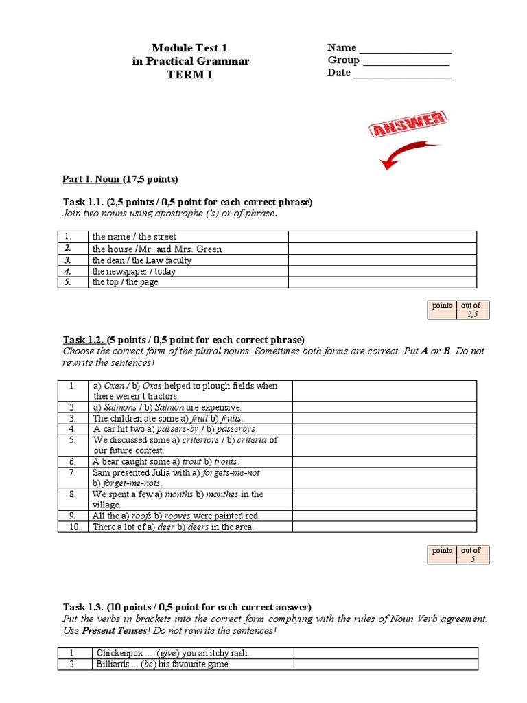 Module Test 1 in Practical Grammar | PDF | Verb | Noun