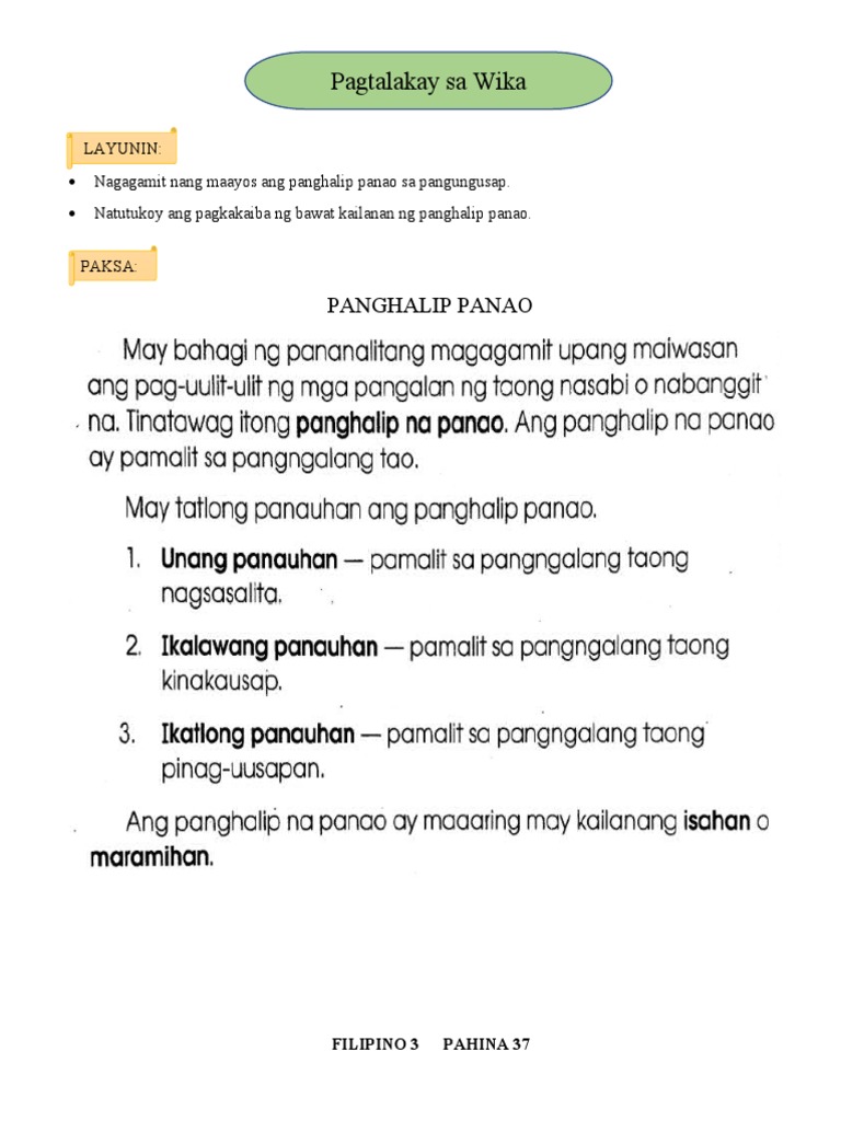 Aralin 7 Pagbasa at Wika PANGHALIP PANAO PAARI | PDF