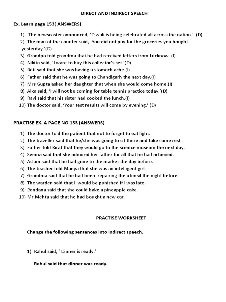Direct and Indirect Speech Answer Key | PDF