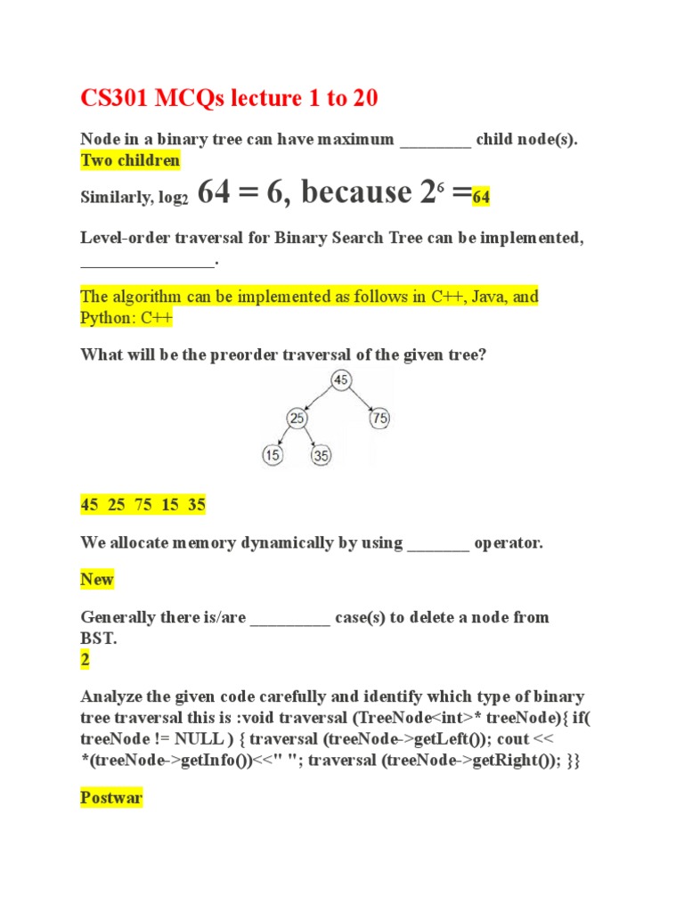 CS301 Binary Tree Concepts and MCQs | PDF | Queue (Abstract Data Type ...