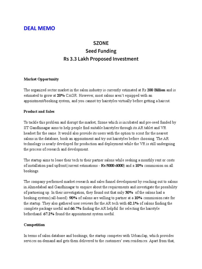 AR/VR Salon Tech Seed Funding Memo | PDF | Startup Company | Small ...
