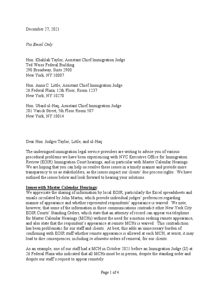 Immigration Attorneys' Letter To EOIR Regarding Procedural Problems 12 ...
