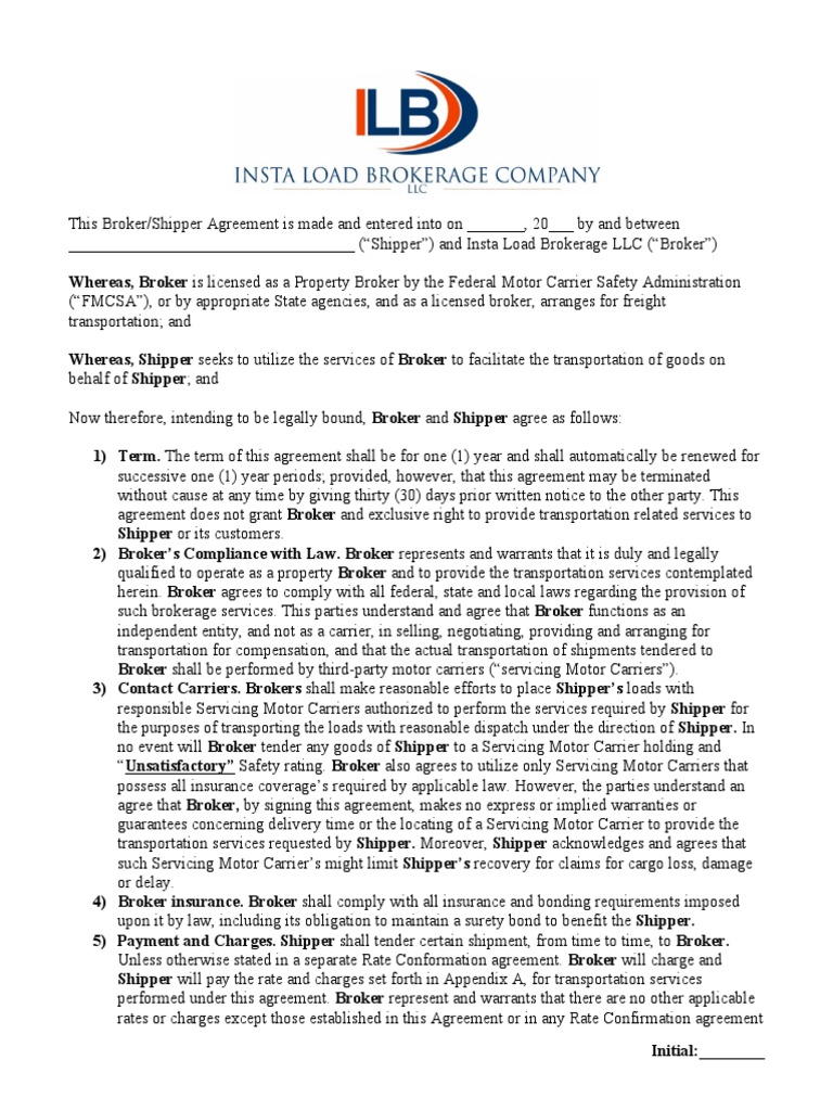 Broker/Shipper Agreement Template | PDF | Indemnity | Cargo