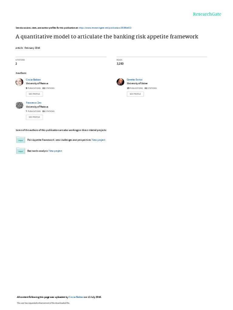 A Quantitative Model To Articulate The Banking Risk Appetite Framework ...