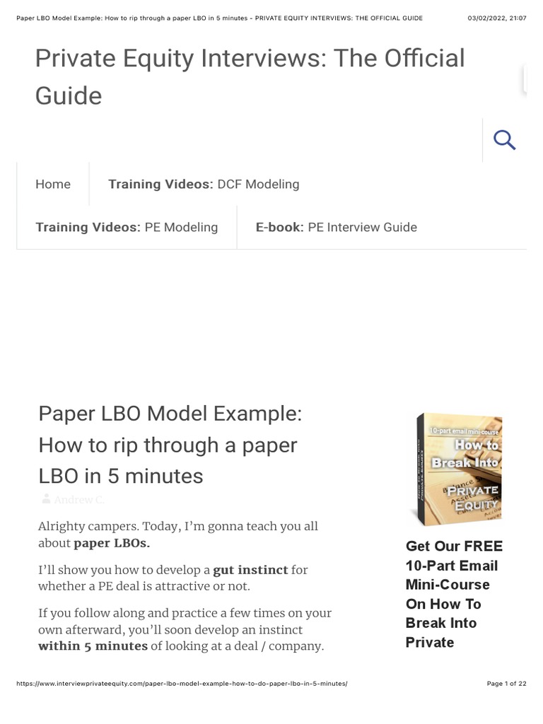 Quick Guide to Paper LBO Modeling | PDF | Leveraged Buyout | Private Equity