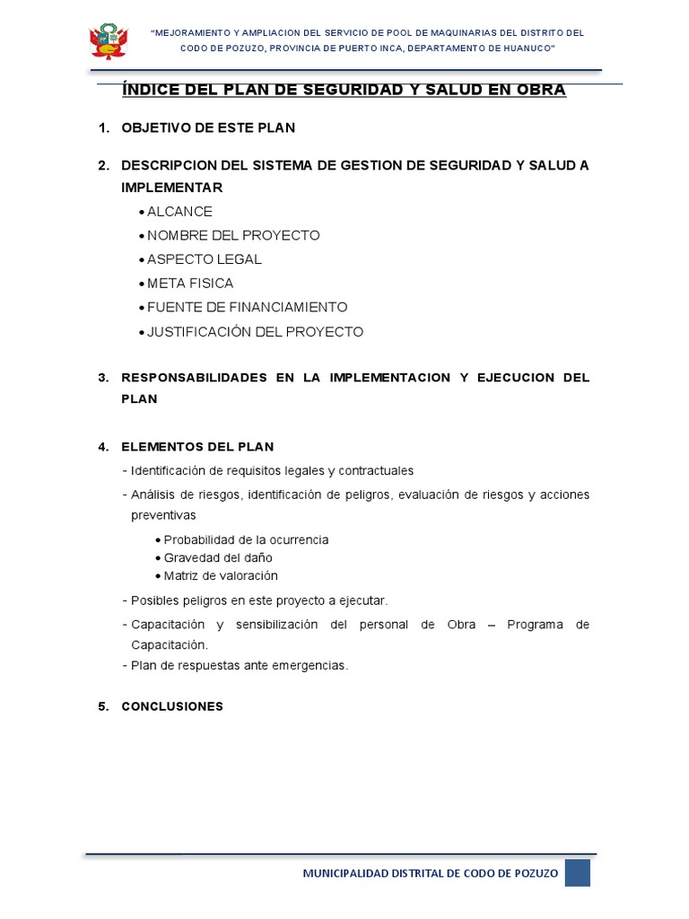 Plan de Seguridad en Obra Codo de Pozuzo | PDF | Seguridad y salud ...