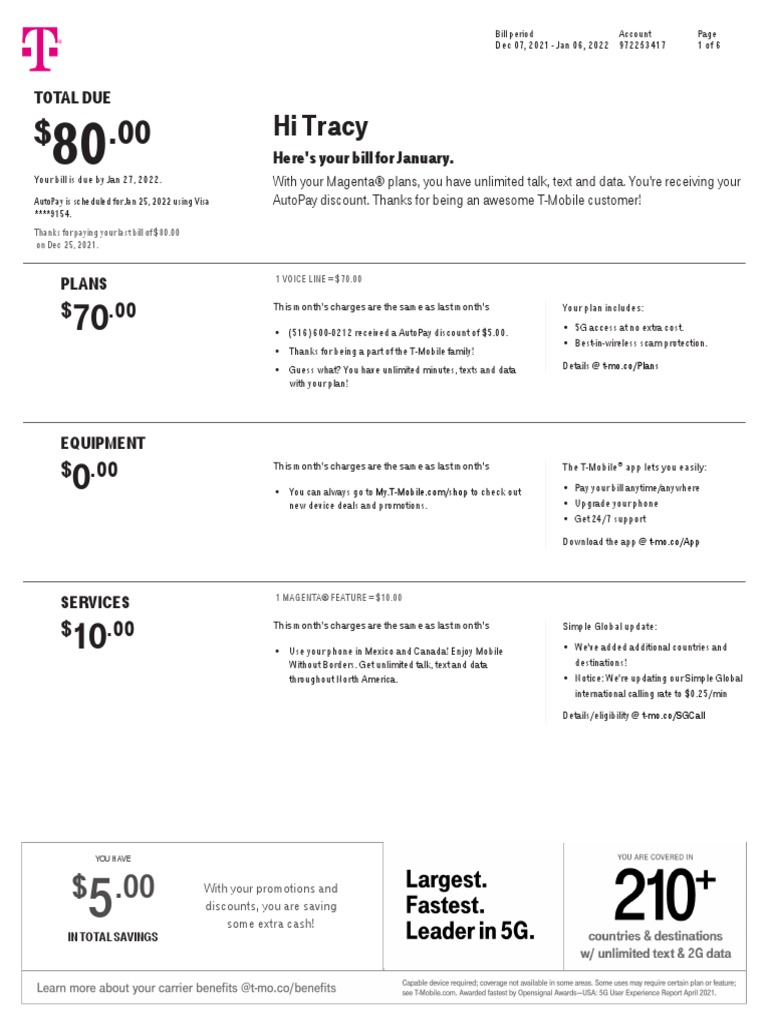 Hi Tracy: Total Due Here's Your Bill For January | PDF | T Mobile Us | Fee