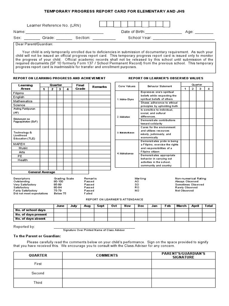 Temporary Progress Report Card For Elementary and Jhs 2 PDF
