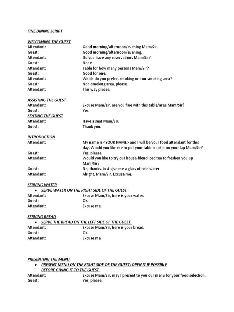 Fine Dining Script: Welcoming and Serving Guests | PDF | Home | Eating ...