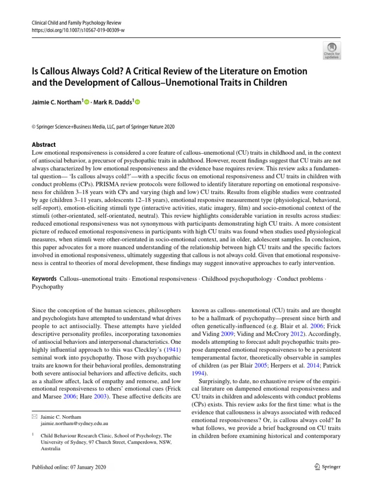 Is Callous Always Cold? A Critical Review of The Literature On Emotion ...