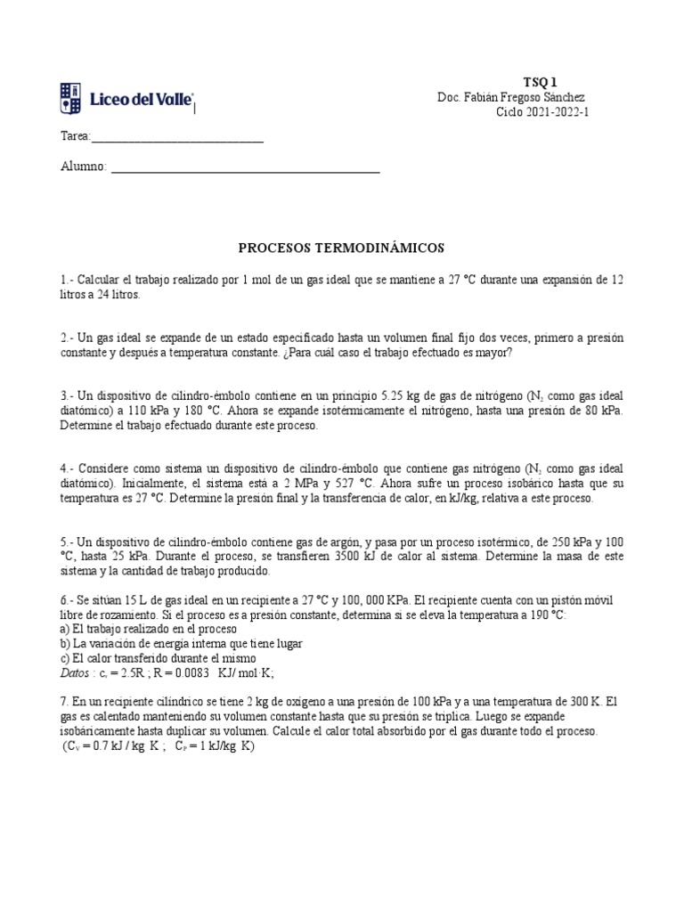 Problemas de Procesos Termodinamicos | PDF | Gases | Termodinámica