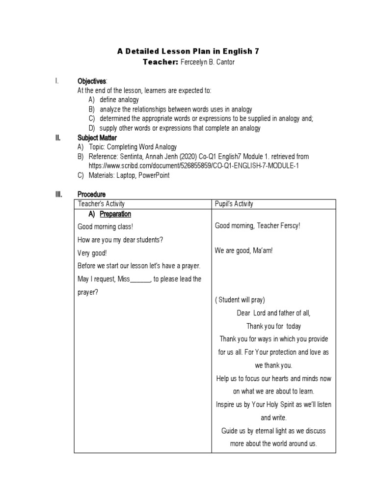 Grade 7 Analogy Lesson Plan | PDF | Analogy | Prayer