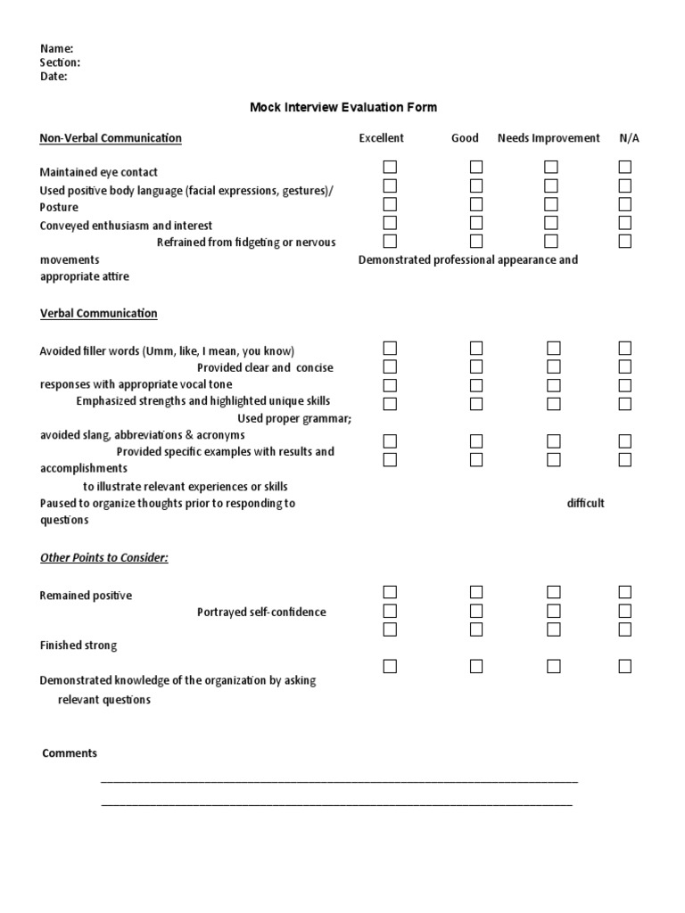 Mock Interview Evaluation Form Non-Verbal Communication: Other Points ...