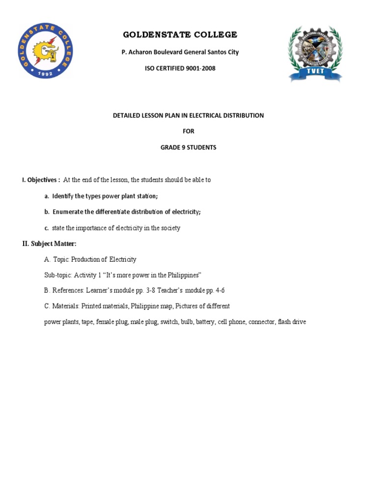 Grade 9 Electrical Distribution Lesson Plan | PDF | Home & Garden