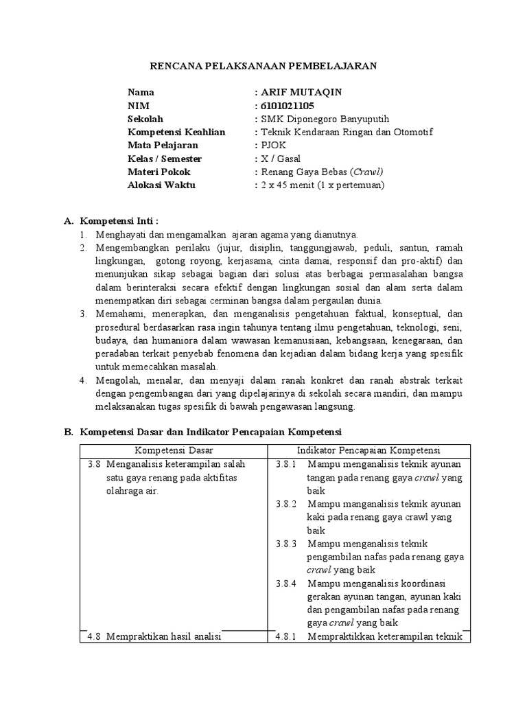 RPP Renang Gaya Crawl - PPL | PDF