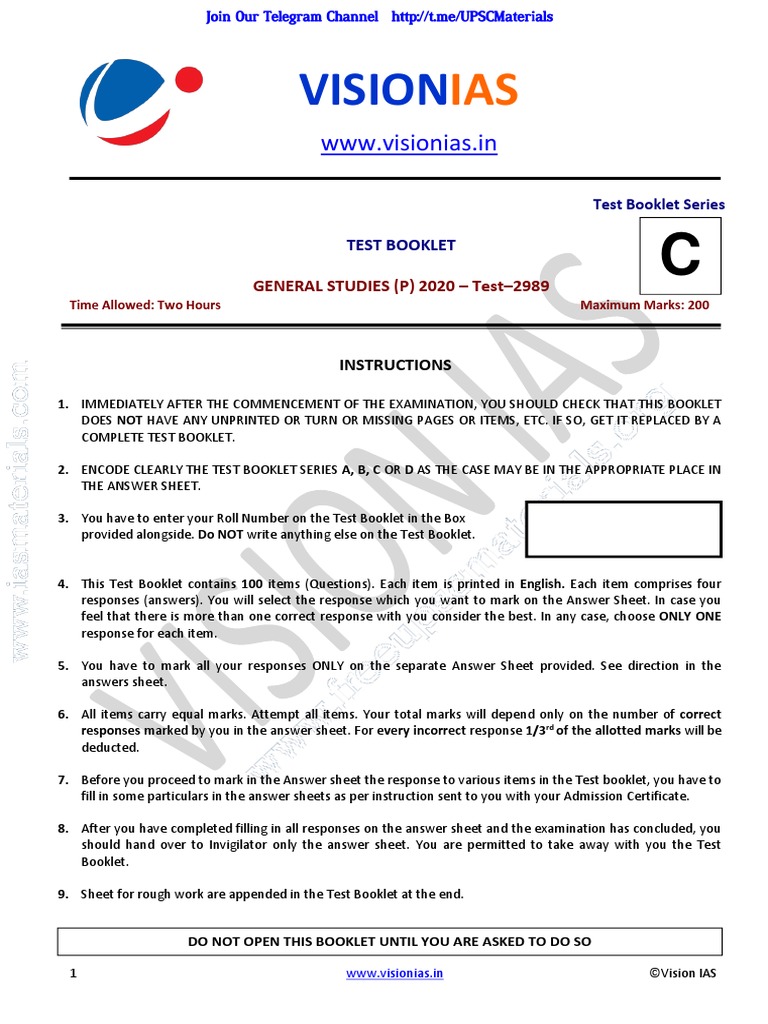 Vision IAS Prelims 2020 FULL Test 27 Questions | PDF | Test (Assessment)