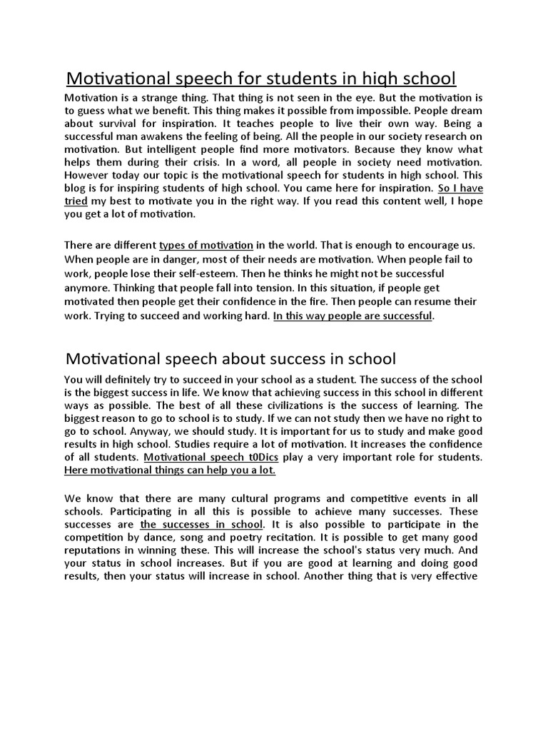 Motivational Speech For Students In Hiqh School Download Free Pdf