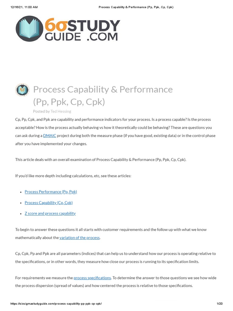 Process Capability & Performance (PP, PPK, CP, CPK) PDF Standard