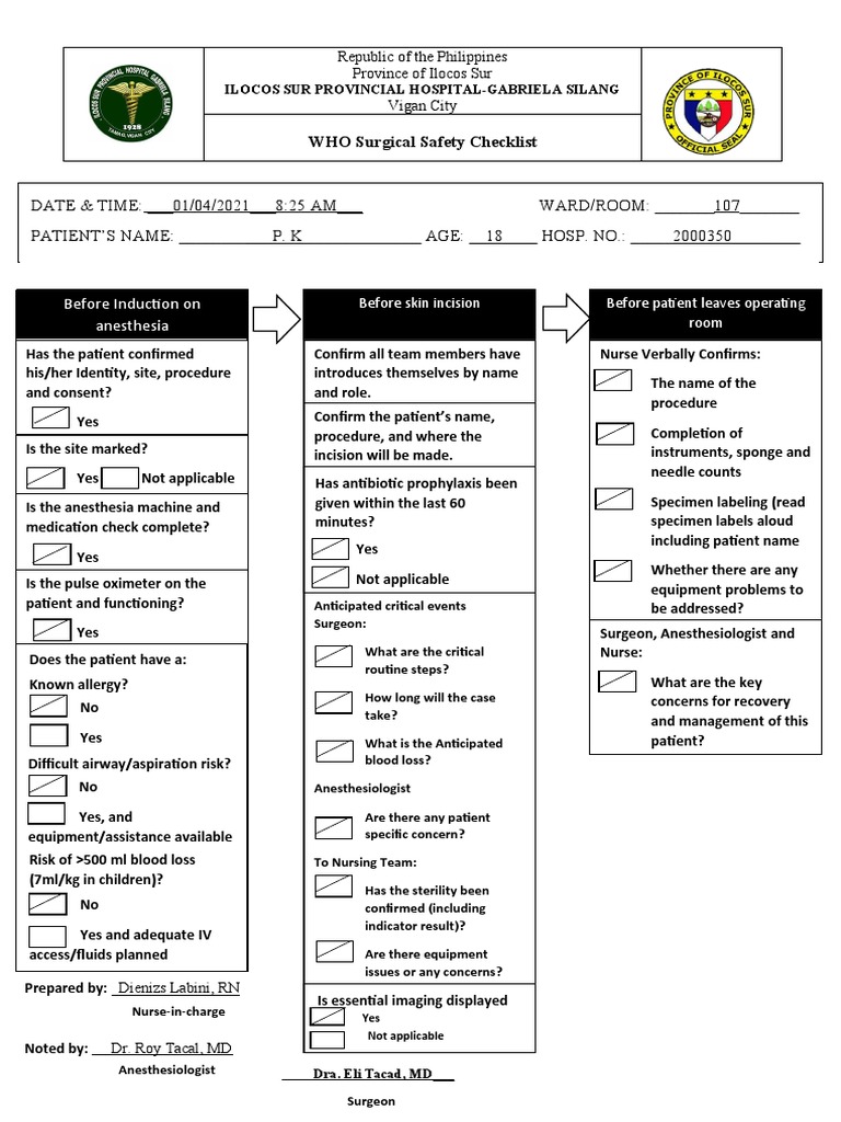 WHO Surgical Safety Checklist Template | PDF | Surgery | Medical ...