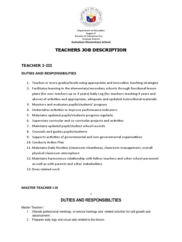 Teachers Job Description Teacher IIii Duties and Responsibilities