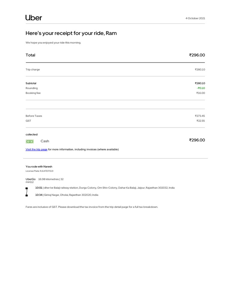 Here's Your Receipt For Your Ride, Ram: Total 296.00 | PDF