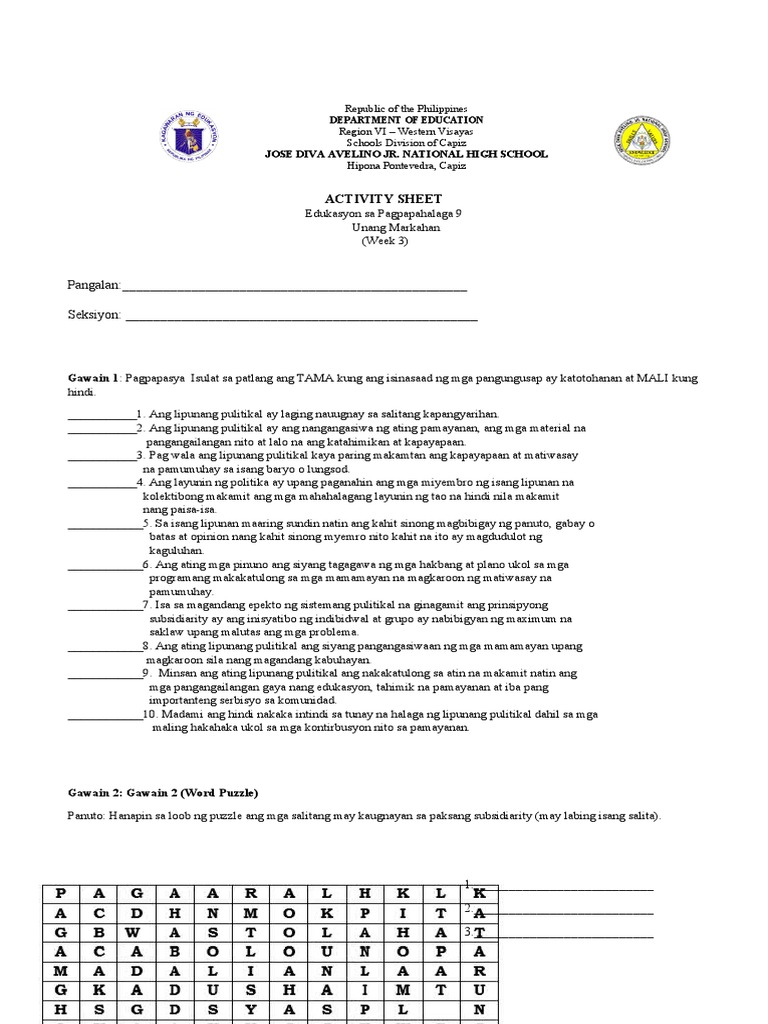 Activity Sheets ESP 9 Modyul 5 61st Quarter3 | PDF