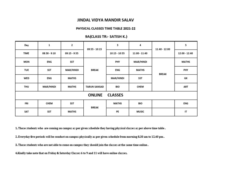 9a Physical Classes Time Table PDF