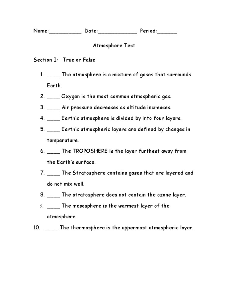 Atmosphere Test and Key Concepts | PDF | Atmosphere Of Earth | Stratosphere