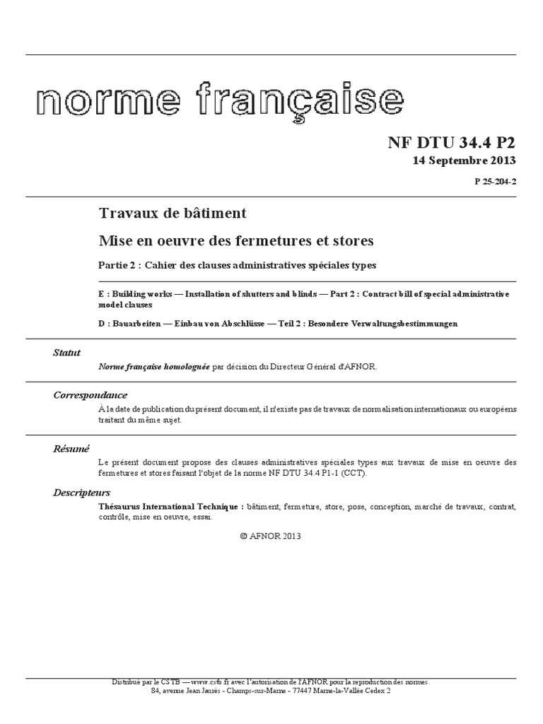 Norme Nf P 03 001 Dernière Version Pdf NF DTU 34.4 P2 Mise en Oeuvre Des Fermetures Et Stores | PDF | Code de la  construction et de l'habitation | Entrepreneur principal