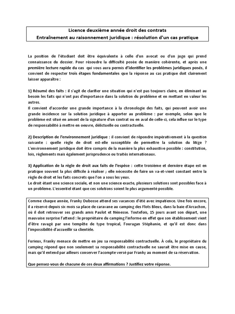 Cas Pratique Droit Des Contrats L2 Corrigé L2 Dubosse Entraînement Au Raisonnement Juridique Résolution Dun Cas  Pratique | PDF | Environnement naturel | Science