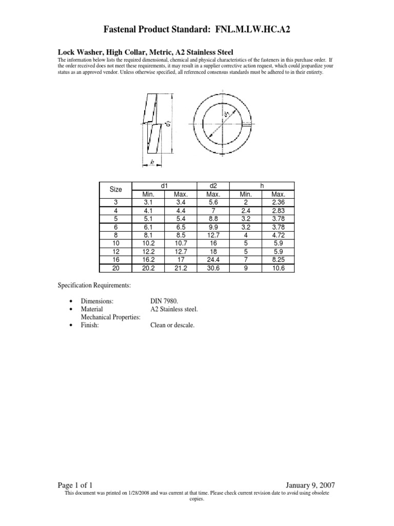 Fastenal Product Standard FNL.M.LW HC.A2 Lock Washer, High Collar, Metric, A2 Stainless