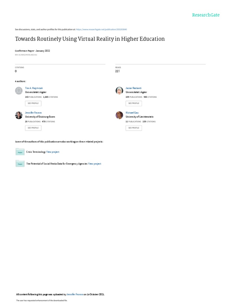 Towards Routinely Using Virtual Reality in Higher Education January 2022 PDF Virtual